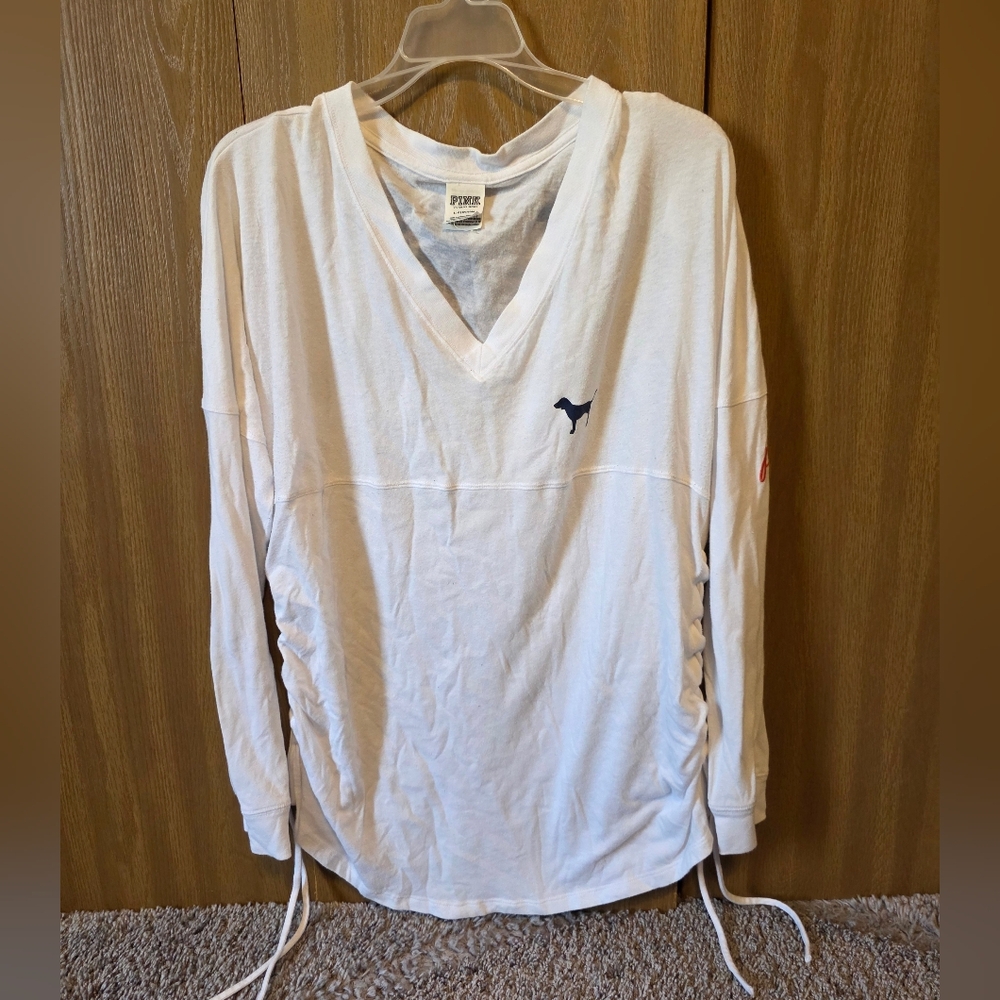 White V-Neck Long Sleeve Shirt with Logo